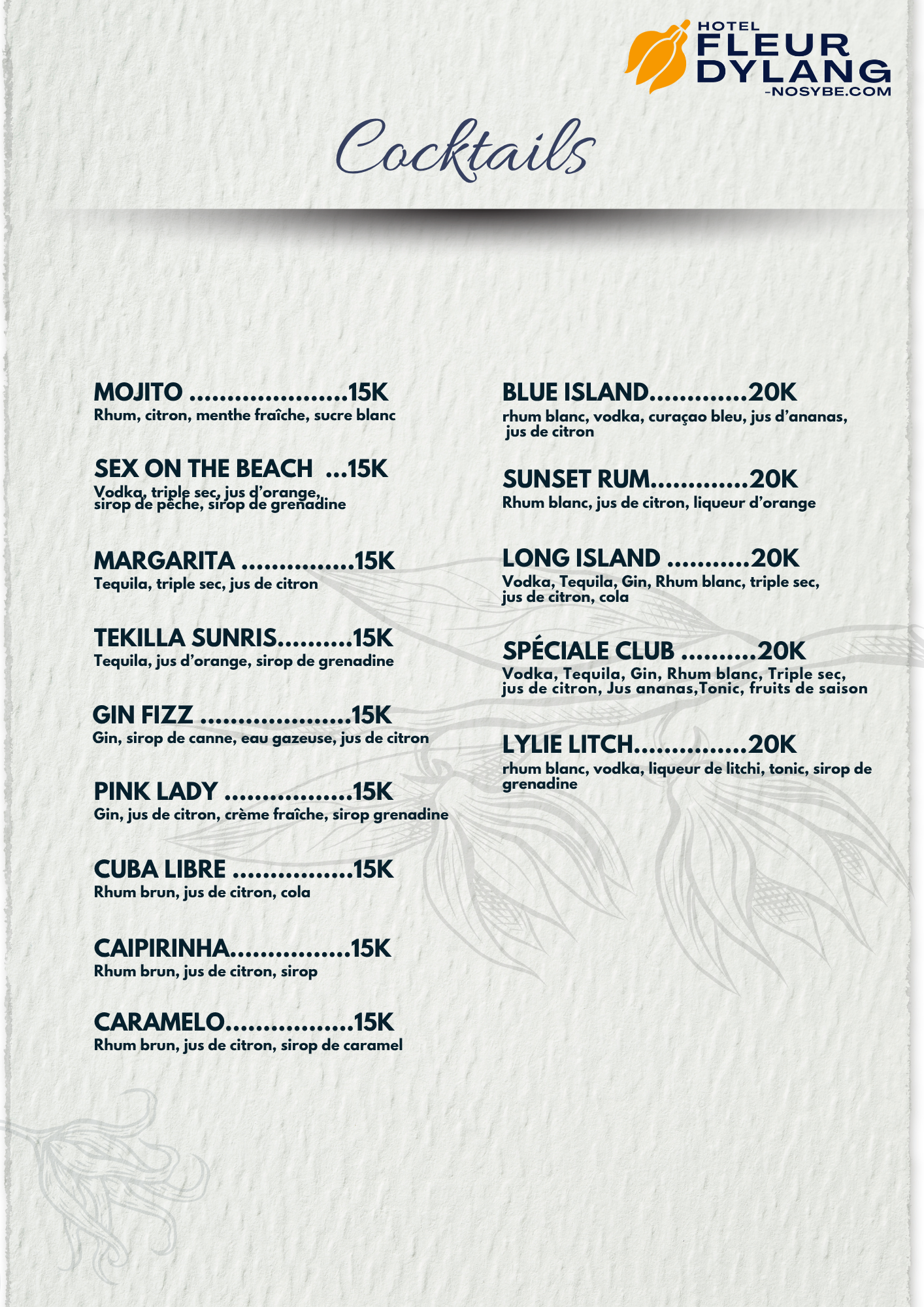 Carte Cocktails — Restaurant Fleur d'Ylang